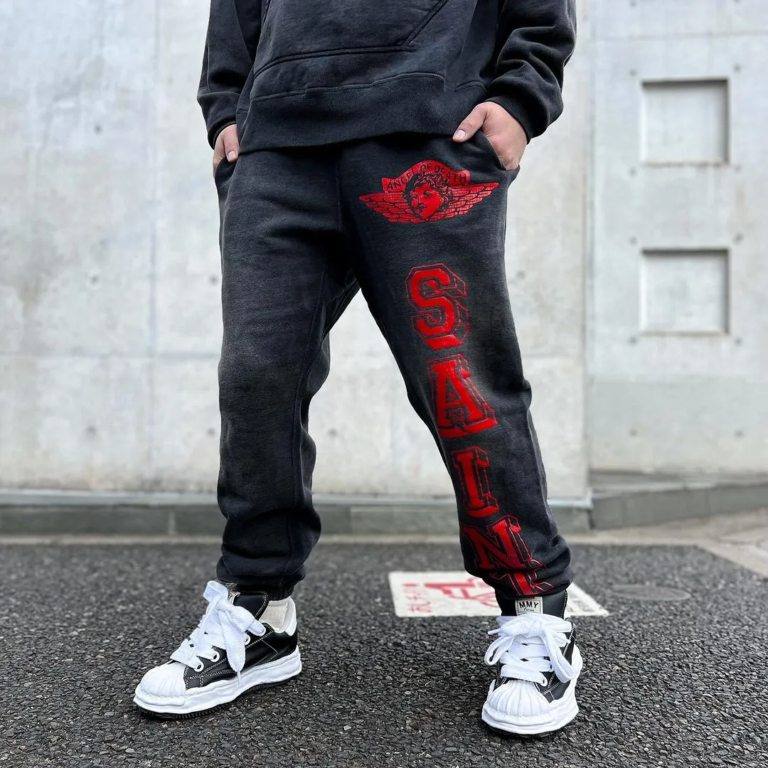 SAINT Mxxxxxx ANGEL SWEAT PANTS/BLK Angel Reborn Crack Print Distressed Sweatpants, Washed Black S-XL Assute Dyeing, Full Spray Fade, Heavy Fermentation Washing, Made with NEW VINTAGE Texture, Four Needles and Six Threads from the Factory, Boneless Patchwork, More Comfortable to Wear, Genuine Level Crack Print/Accessories Restored